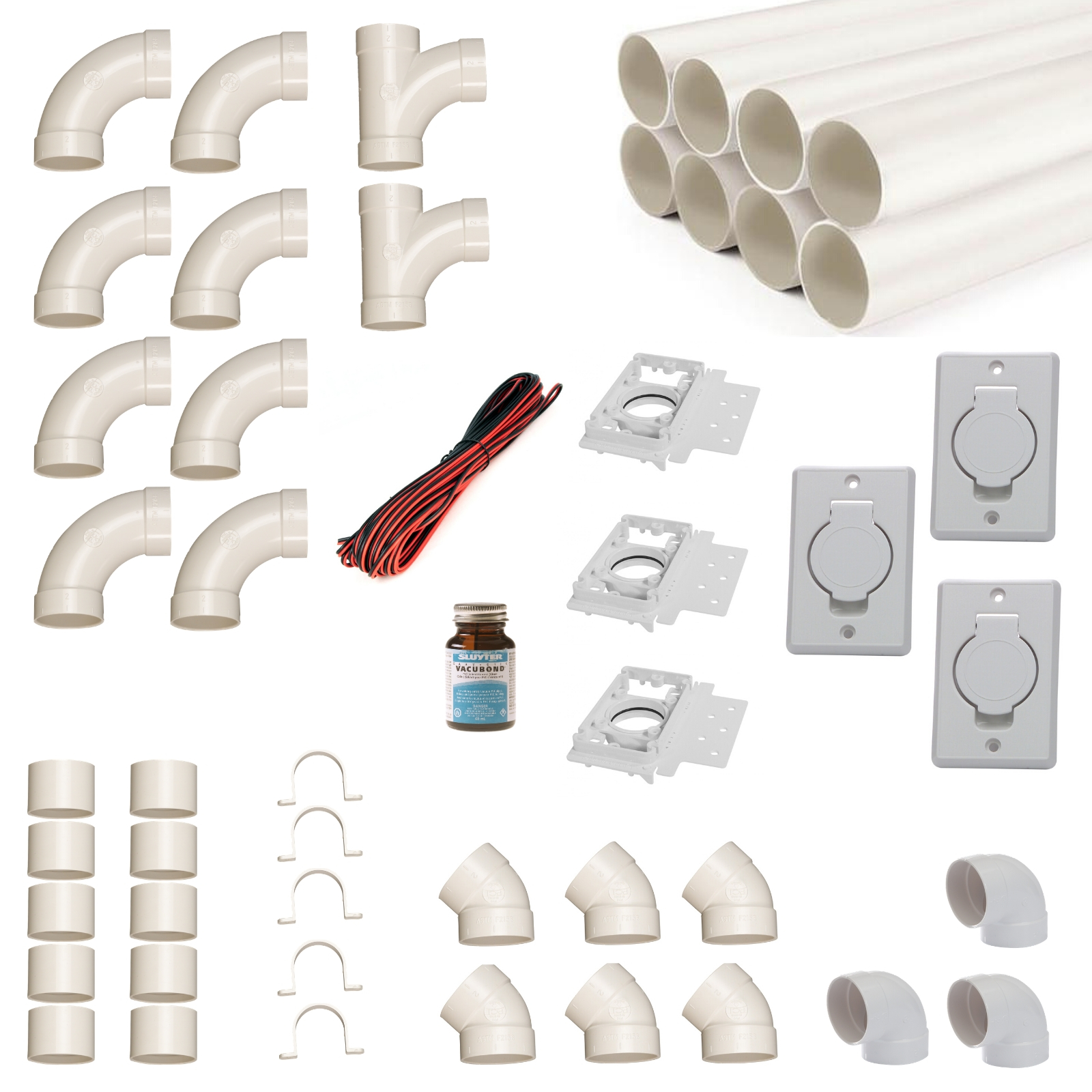 Einbau-Set für 3 Saugdosen mit Vakuumrohren, Saugdose Deckel rund